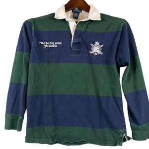 Polo Ralph Lauren Womens M Rugby Shirt 38 Bleeker Stripe Navy Green Preppy Crest